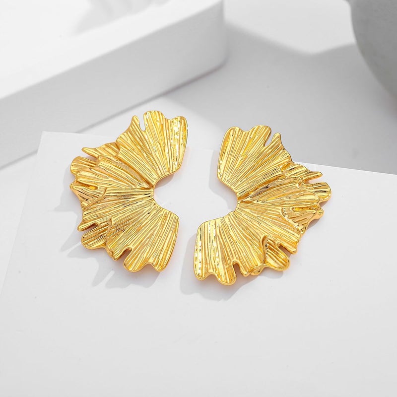 FAUTHENTICUTE Chunky Gold Statement Earrings For Women Gold Plated Sectored Flower Leaf Shell Angel Wing Earrings Large Stud Earrings Hypoallergenic Earrings - Image 5